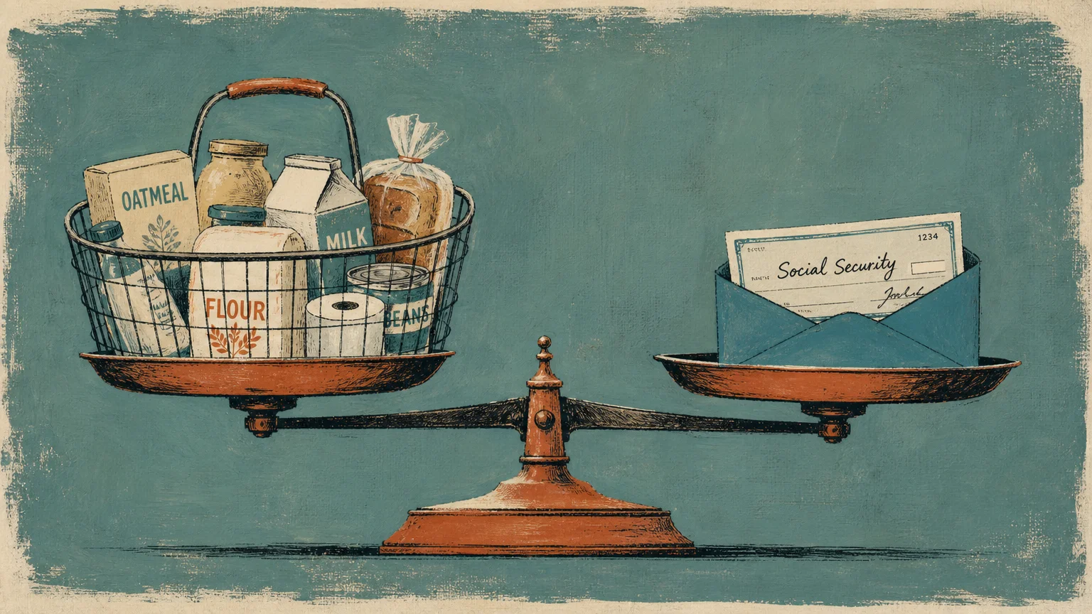 An editorial illustration of a scale balancing a grocery basket against a Social Security check envelope.