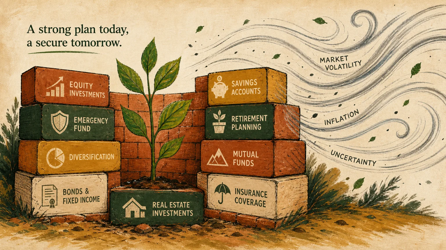 An editorial illustration of a sturdy brick wall protecting a small growing tree from harsh winds.