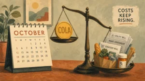 An editorial illustration showing a balance scale where a coin labeled COLA is outweighed by grocery bags and medicine bottles.
