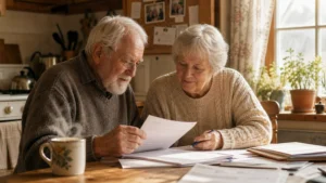 An elderly couple sits at a wooden kitchen table, looking over papers with hope in a warm, sunlit, cozy kitchen.