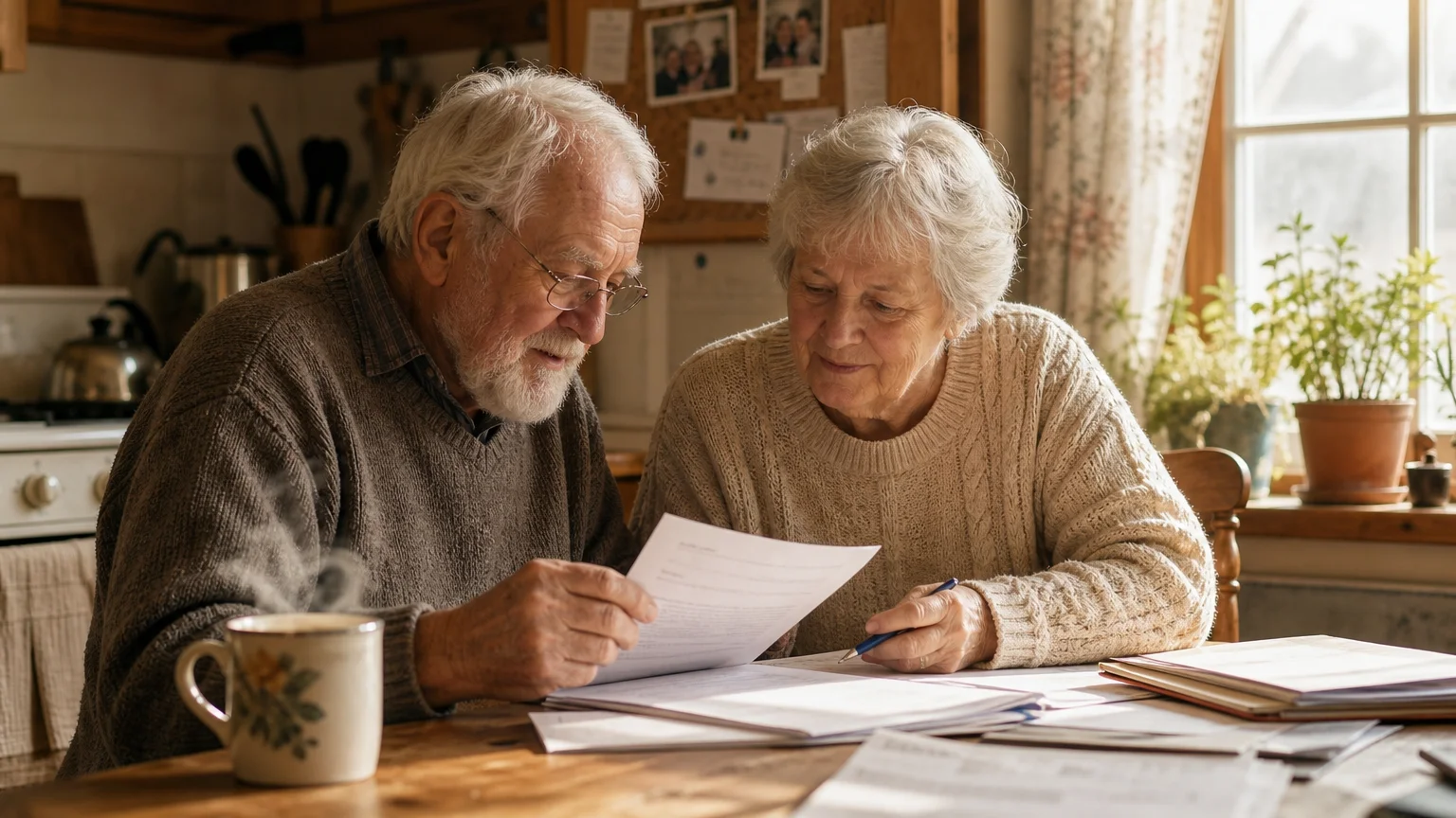 An elderly couple sits at a wooden kitchen table, looking over papers with hope in a warm, sunlit, cozy kitchen.