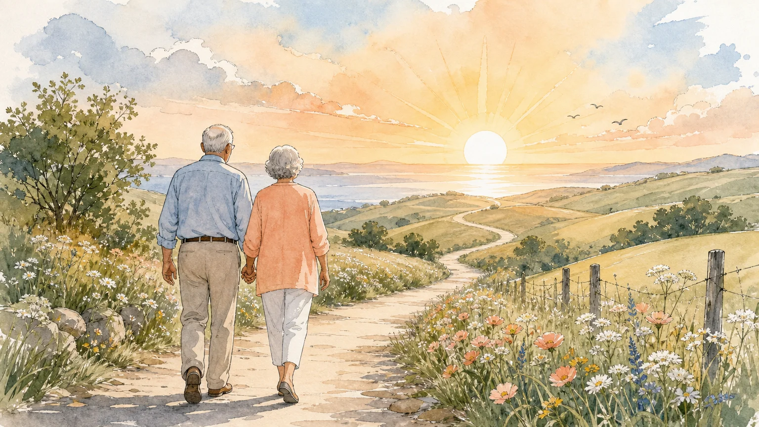 An elegant illustration of an older couple walking hand-in-hand down a peaceful path toward a warm, glowing sunrise.