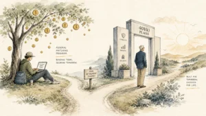 An elegant ink and watercolor illustration of a split path representing different retirement saving options under new policy rules.