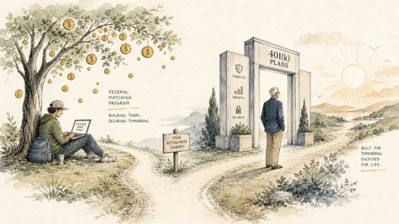 An elegant ink and watercolor illustration of a split path representing different retirement saving options under new policy rules.