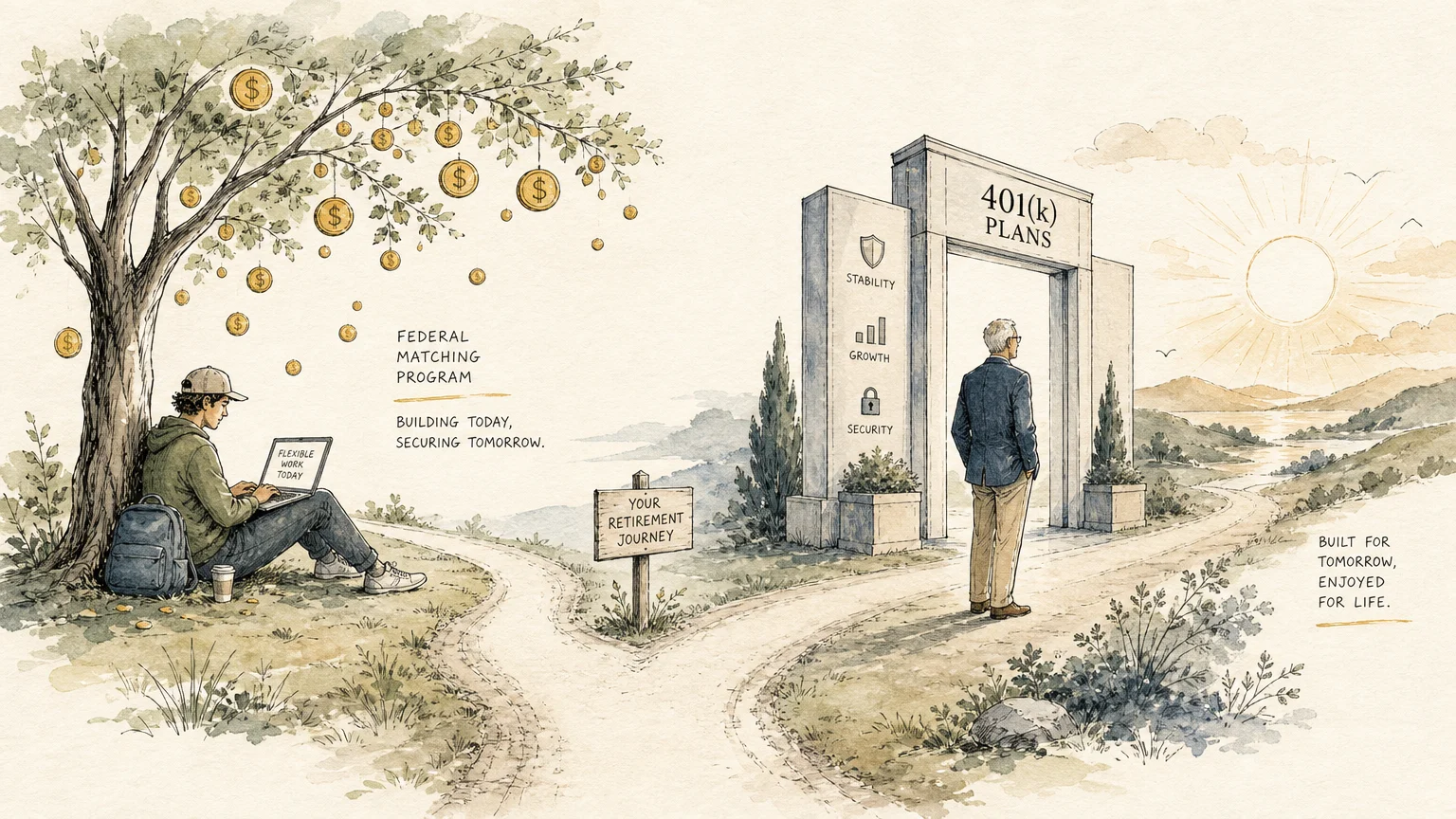 An elegant ink and watercolor illustration of a split path representing different retirement saving options under new policy rules.