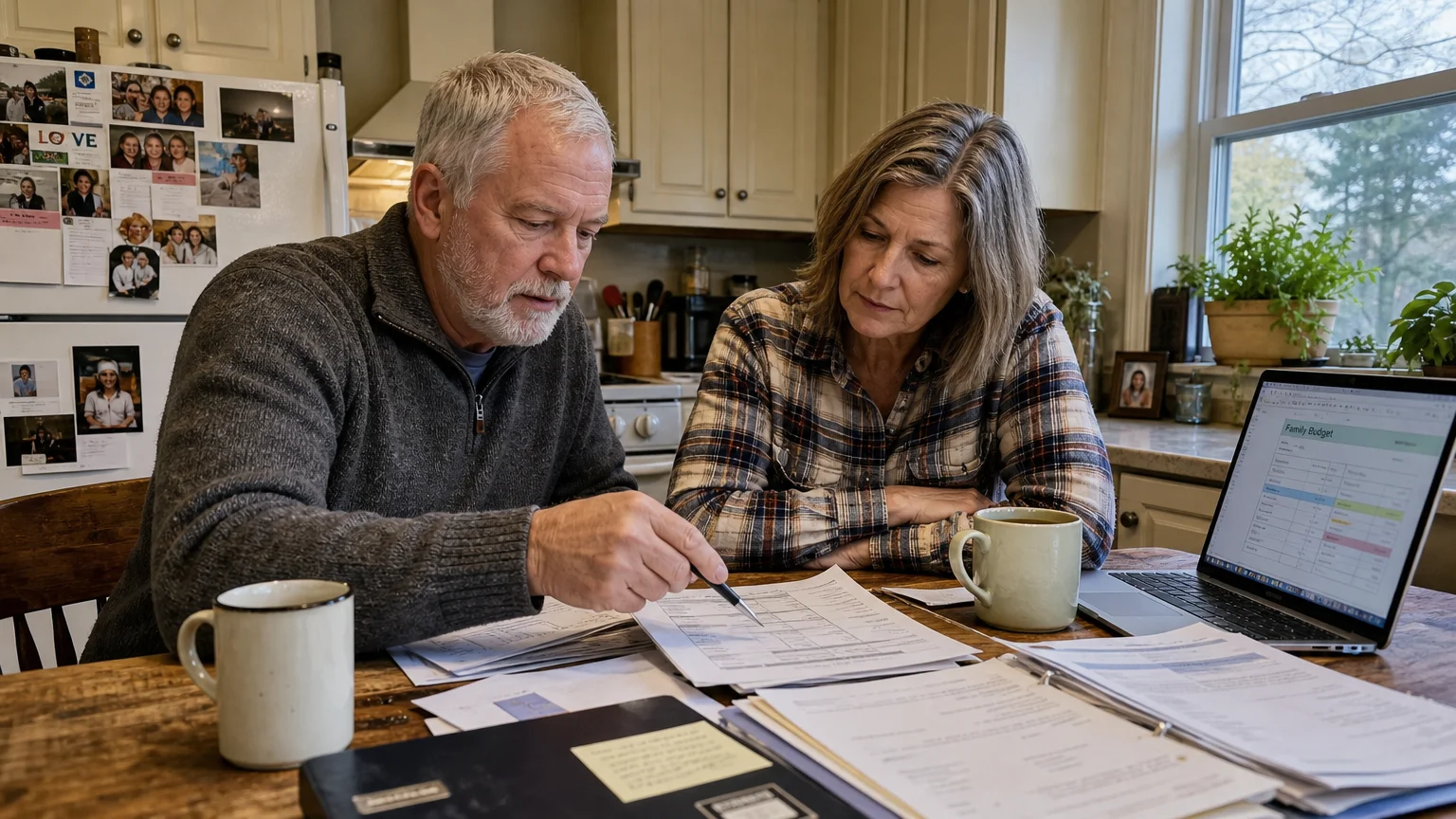 An everyday older couple sitting at their kitchen table reviewing financial paperwork together.