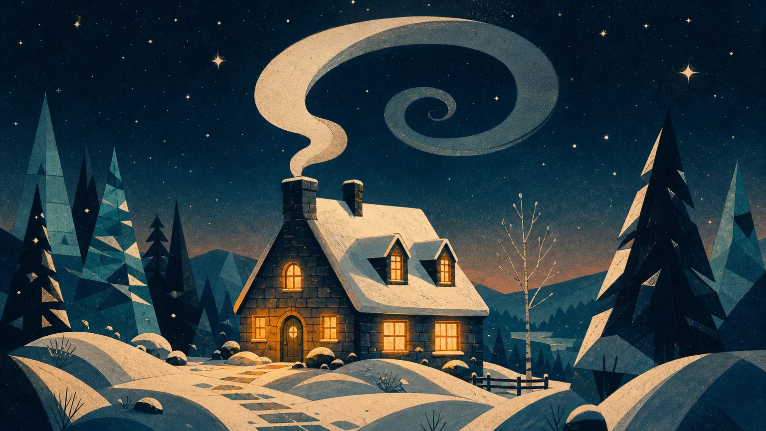 An illustration of a cozy cottage glowing with warm yellow light amidst a snowy, dark winter landscape.