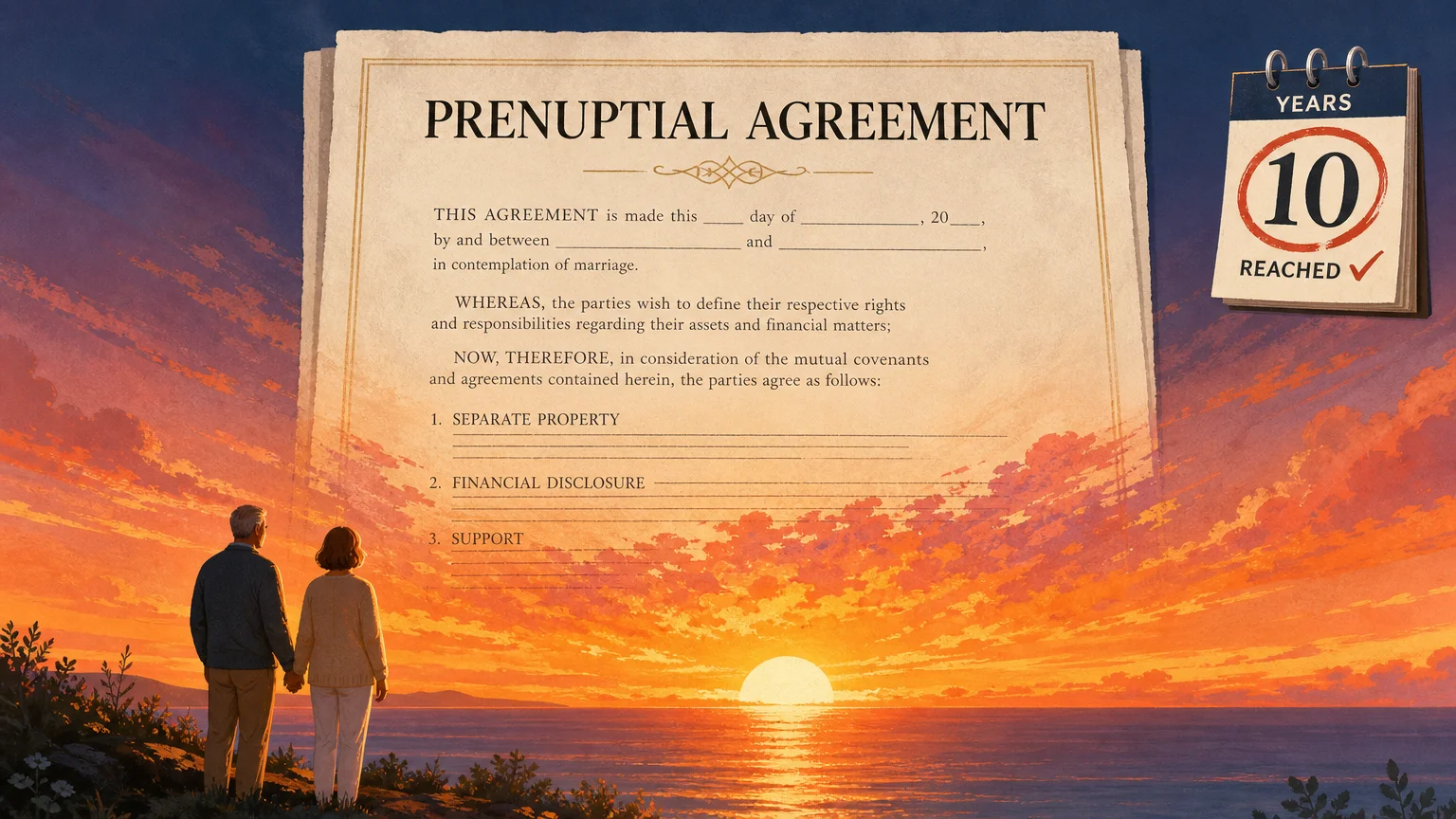 An illustration of a legal document transitioning into a beautiful sunset, symbolizing a contract's expiration date.