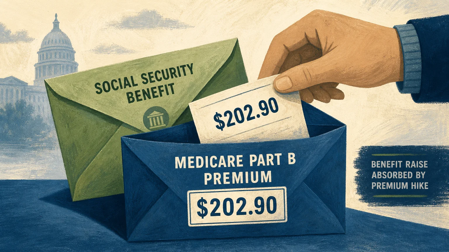 An illustration of a Medicare Part B envelope absorbing a portion of a Social Security benefit slip.