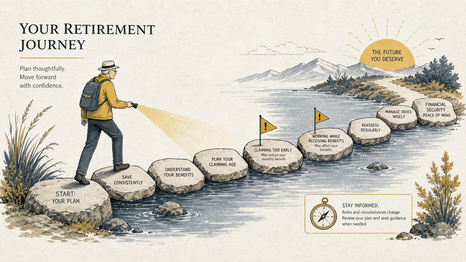 An illustration of a path with stepping stones and small warning flags, symbolizing retirement pitfalls to avoid.
