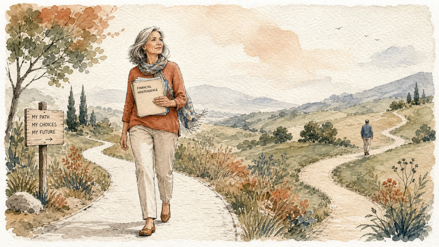 An illustration of a woman walking down her own winding path, separate from a parallel path that fades into the distance.