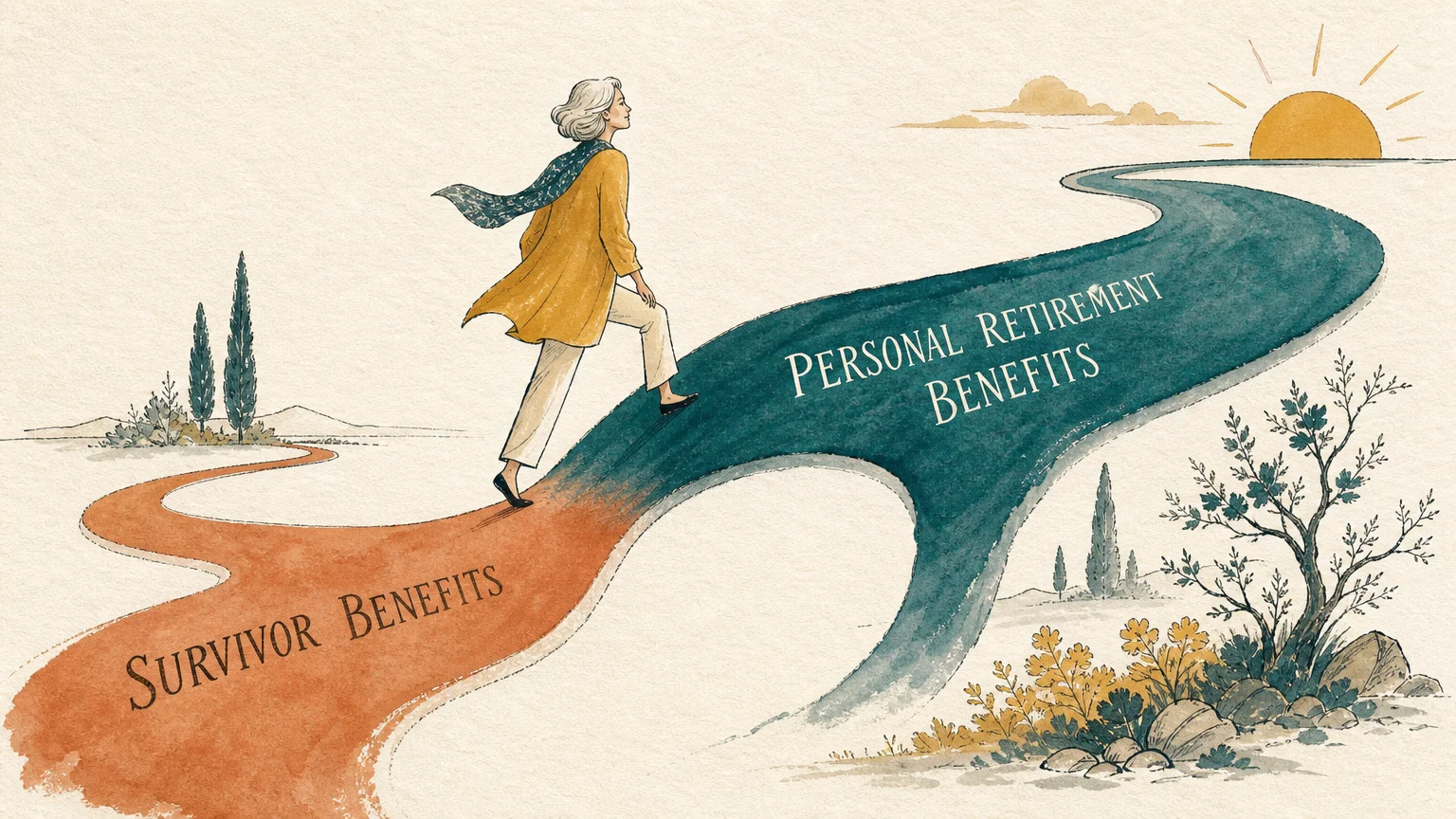 An illustration of an older adult stepping from one colored path to a wider, growing path, representing the benefit switching strategy.