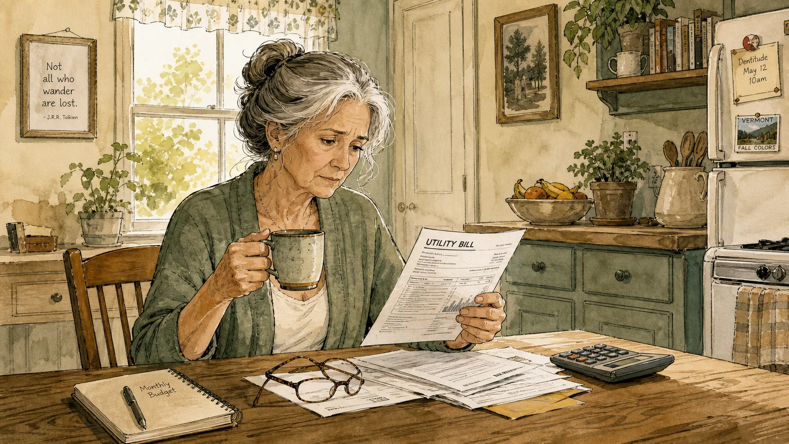 An illustration of an older woman looking thoughtfully over papers at her sunlit kitchen table, reflecting the reality of the retirement gap