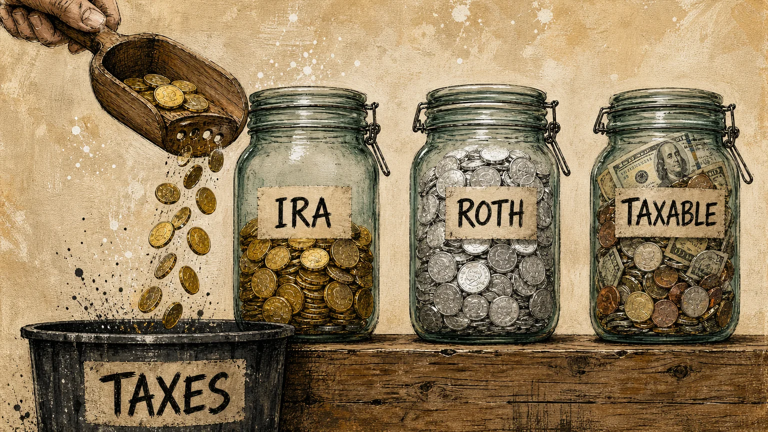 An illustration of three jars labeled IRA, ROTH, and TAXABLE, with a leaking scoop losing coins to a tax bin.