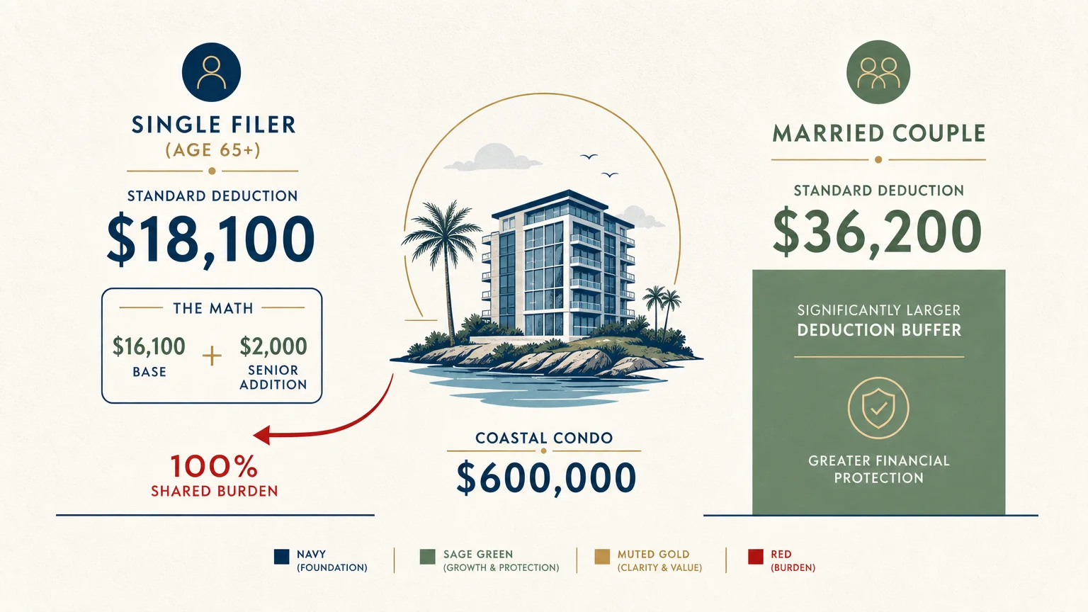An infographic comparing the $18,100 tax deduction for single seniors against the higher costs of coastal living.