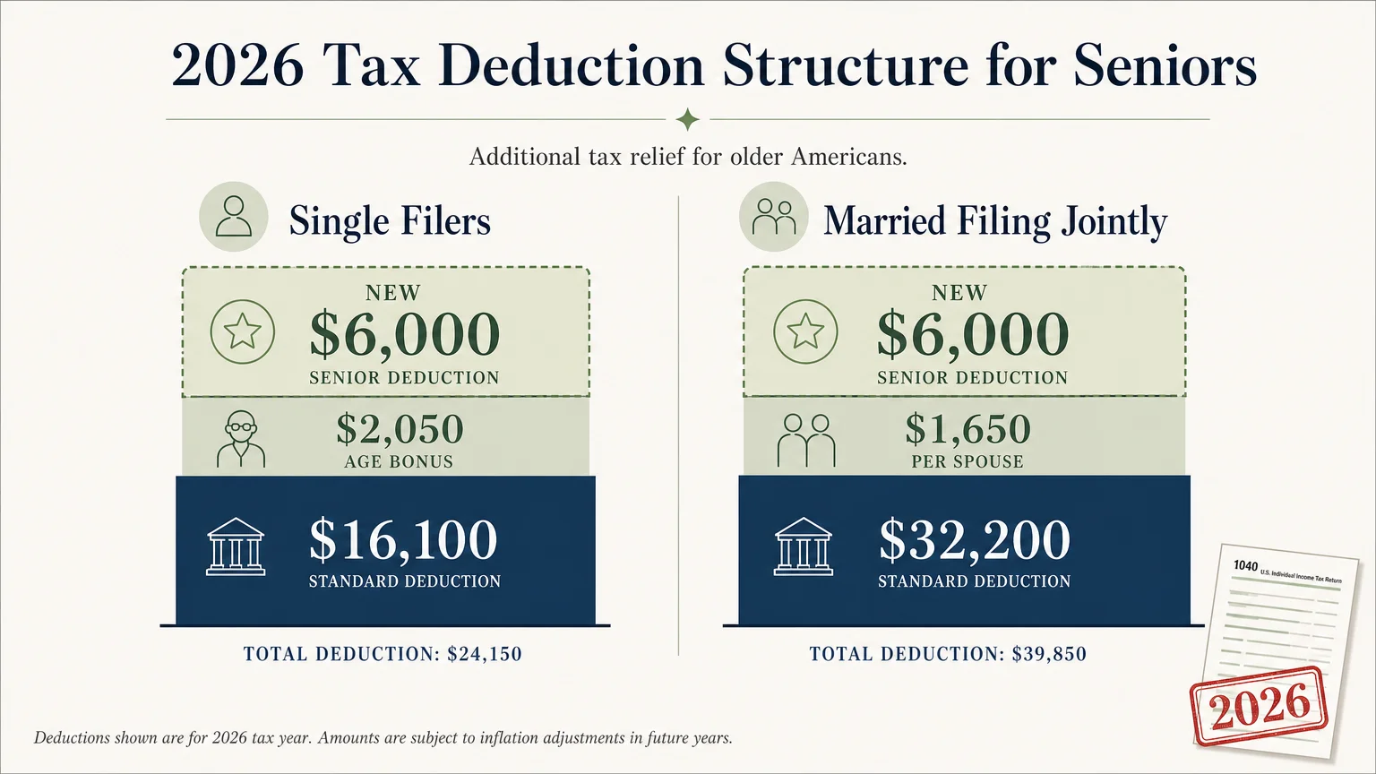 An infographic showing the 2026 tax deduction totals, including the new $6,000 senior deduction for single and joint filers.