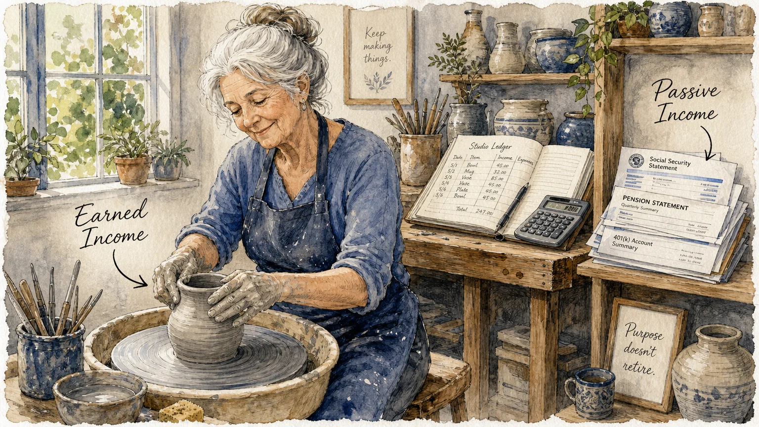 An ink and watercolor drawing of a senior woman working in a pottery studio, illustrating the concept of earned income.
