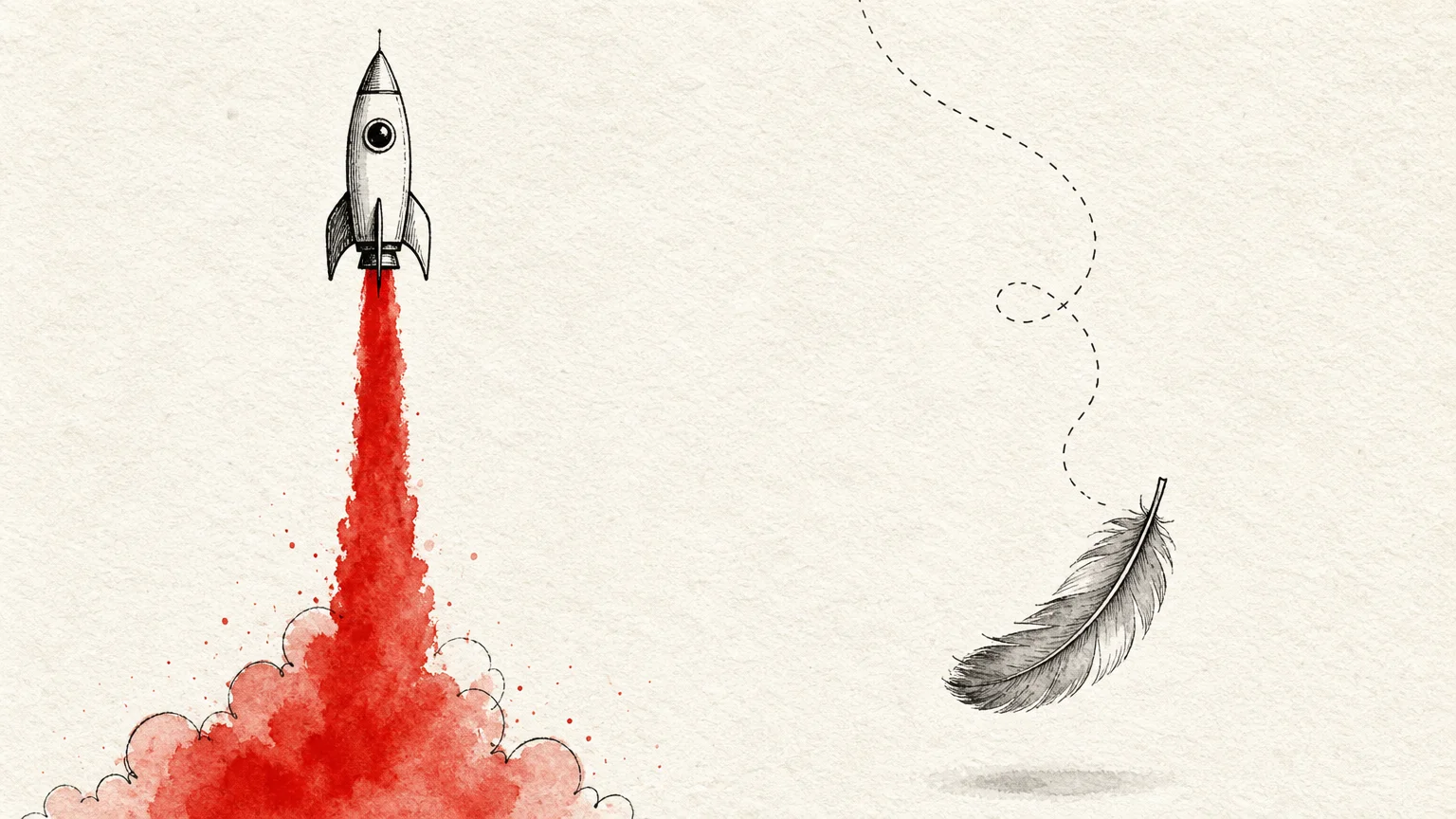 An ink and watercolor illustration depicting a rocket shooting rapidly upward on the left, and a soft feather drifting slowly down on the ri