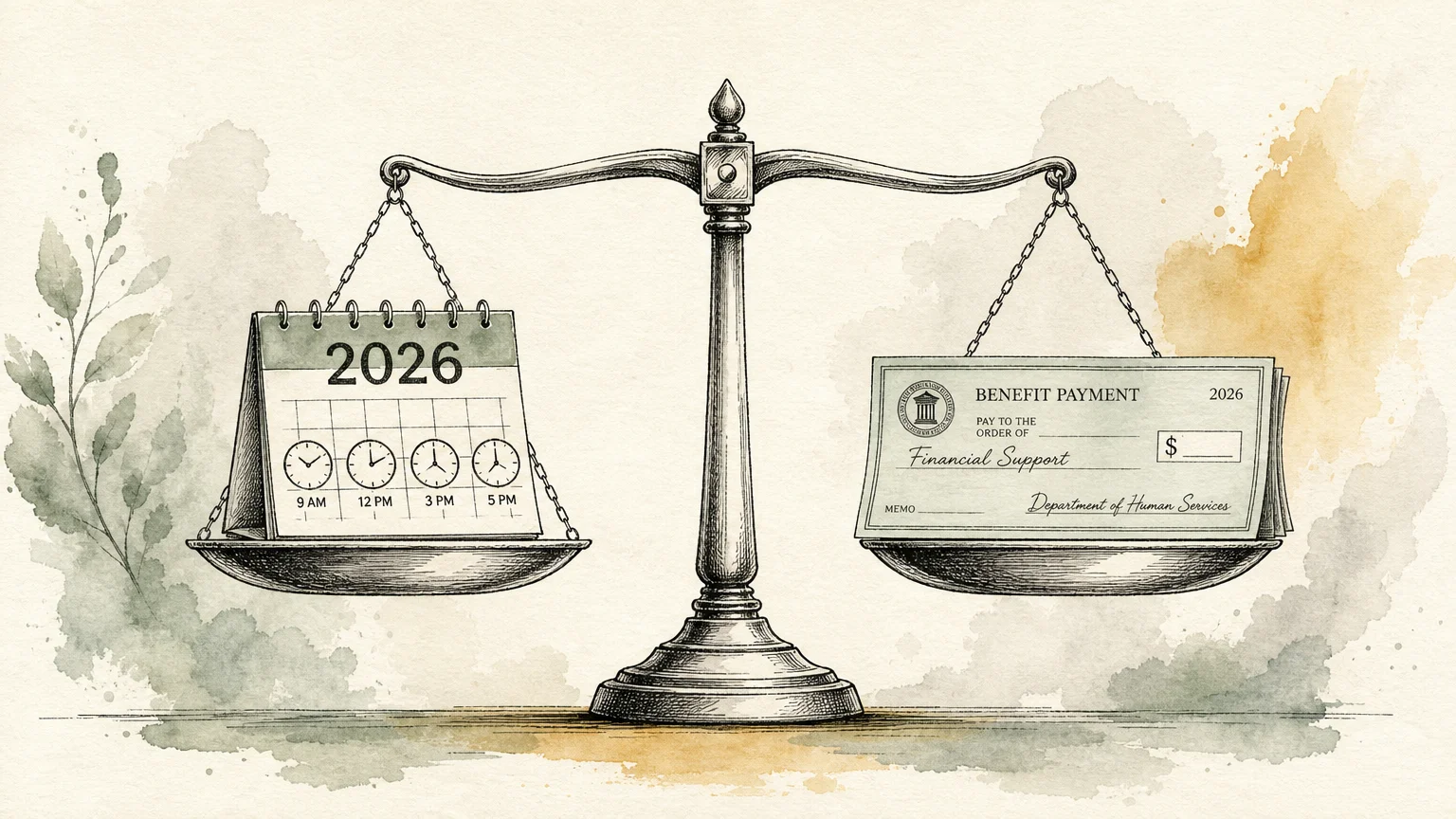 An ink and watercolor illustration of a balance scale holding a 2026 calendar on one side and a benefit check on the other.