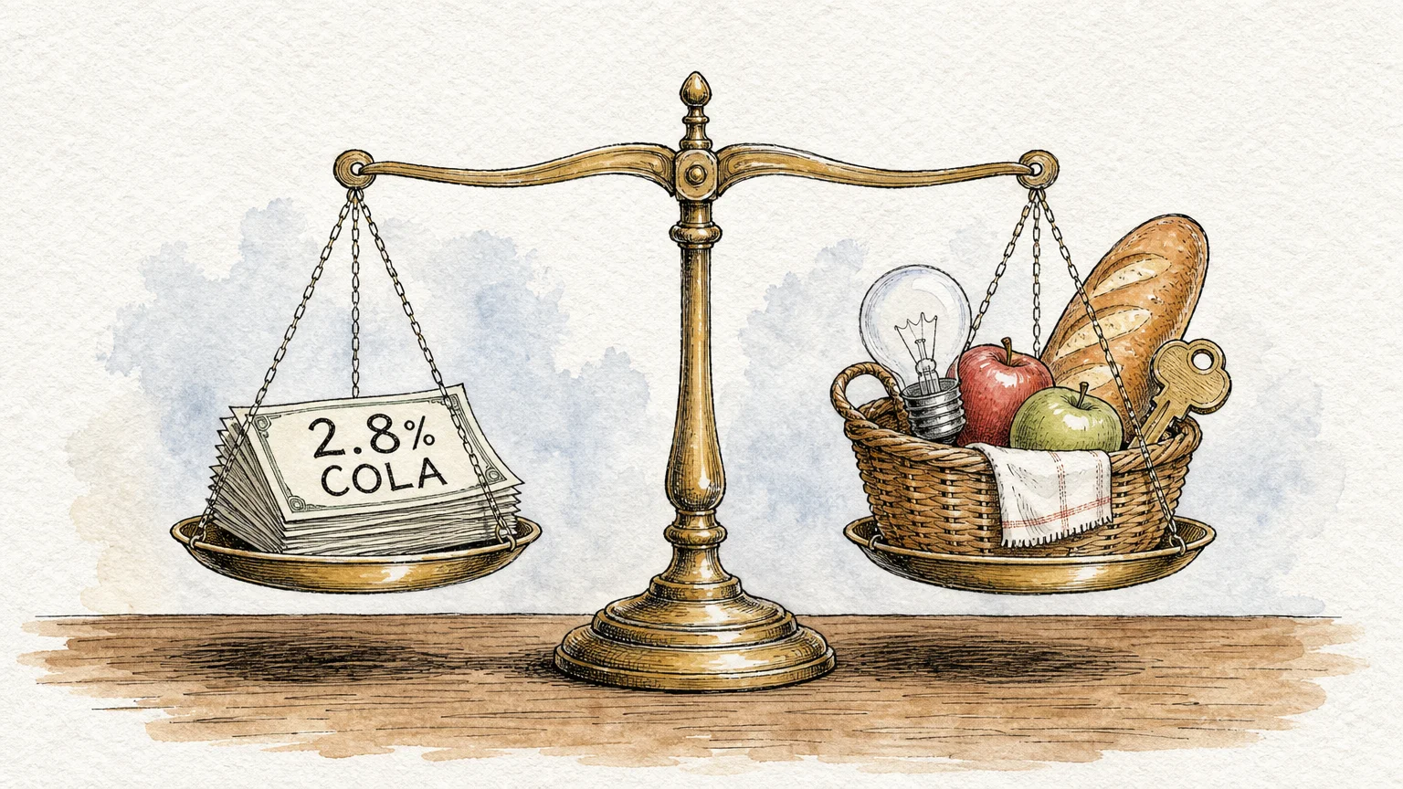 An ink and watercolor illustration of a brass scale balancing a grocery basket with a stack of bills labeled 2.8% COLA.