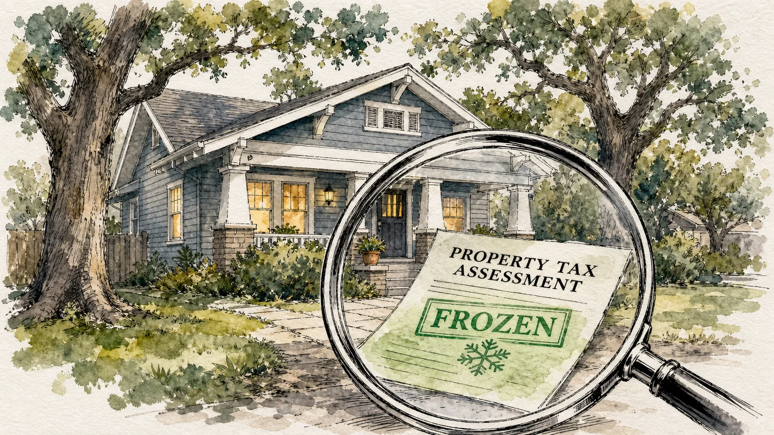 An ink and watercolor illustration of a cozy bungalow house under a magnifying glass focusing on a highlighted property tax document.