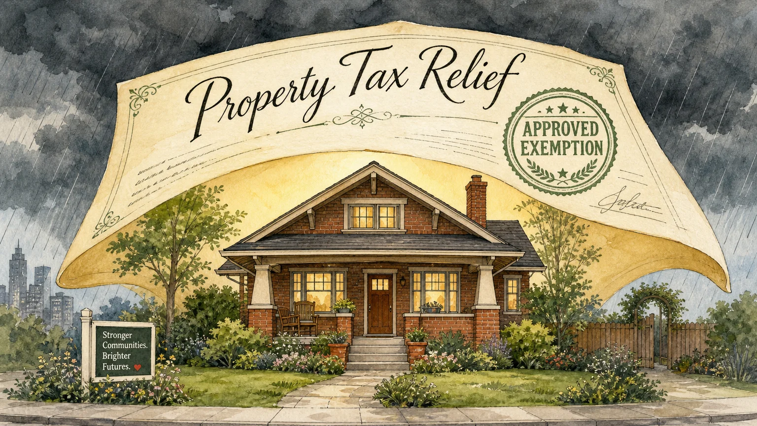 An ink and watercolor illustration of a house sheltered by a large document labeled Property Tax Relief from storm clouds.