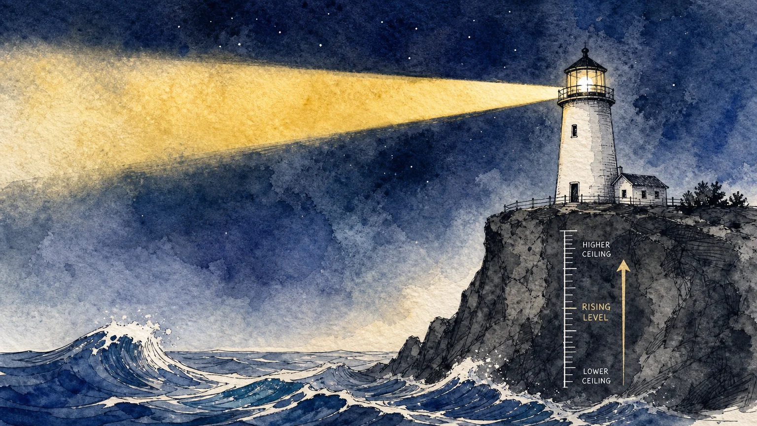 An ink and watercolor illustration of a lighthouse illuminating a rising tide, symbolizing the upward shift of the wage base ceiling.