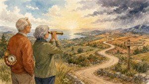 An ink and watercolor illustration of a retired couple looking toward the horizon, symbolizing retirement planning.