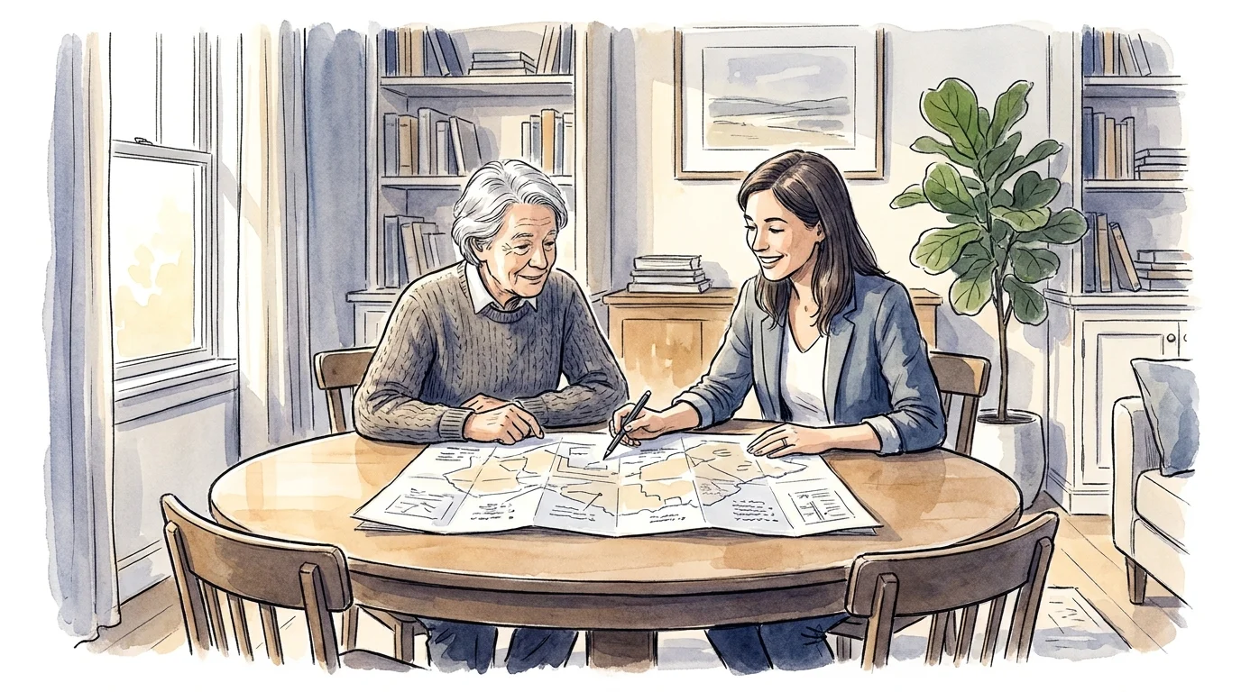 An ink and watercolor illustration of a retiree and a professional advisor consulting over a document in a warm home setting.