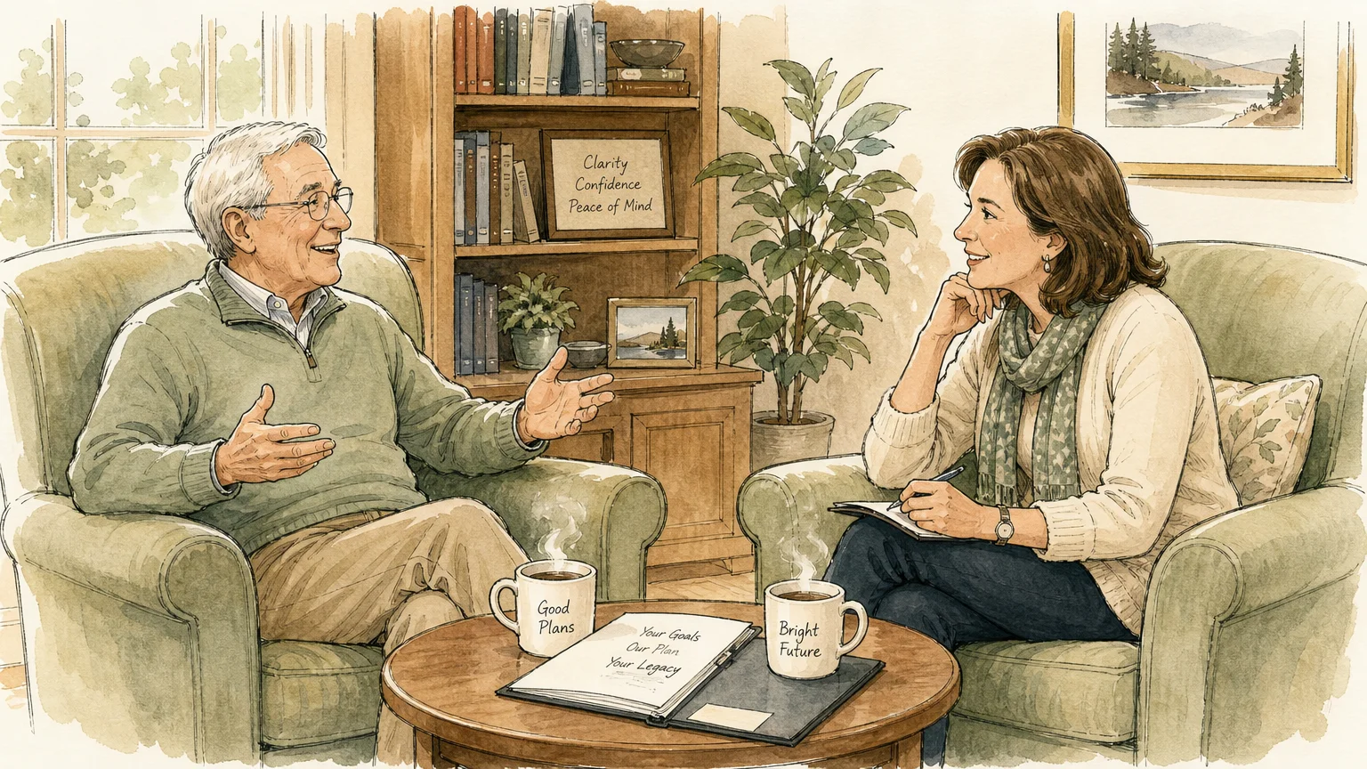 An ink and watercolor illustration of a retiree talking warmly with an advisor over coffee in a cozy room.