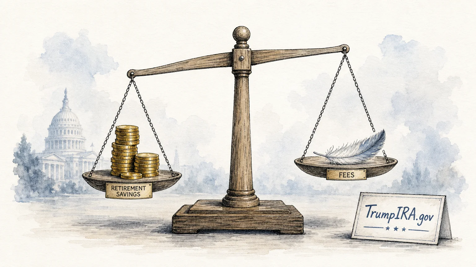 An ink and watercolor illustration of a scale showing a heavy pile of coins outweighing a tiny feather labeled 'Fees'.