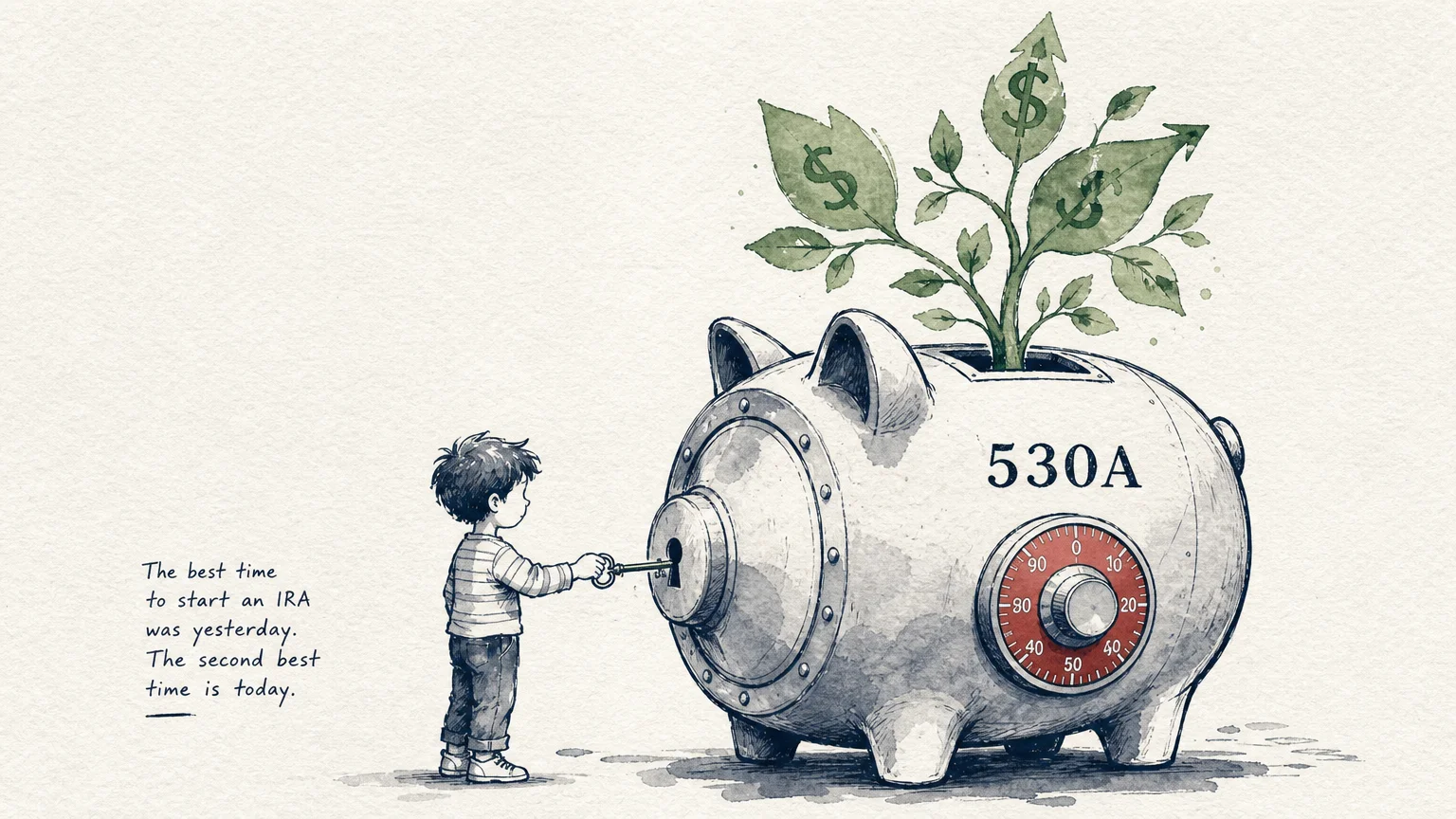 An ink and watercolor illustration of a vault-shaped piggy bank labeled 530A with a green sapling growing out of it.