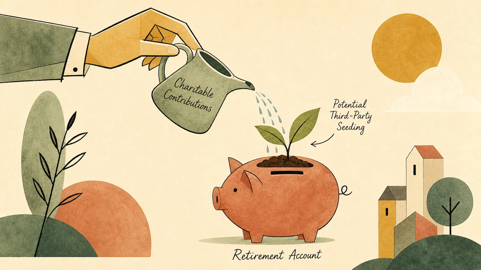 An ink and watercolor illustration of a watering can labeled 'Charitable' watering a small plant growing in a coin-bank pot.