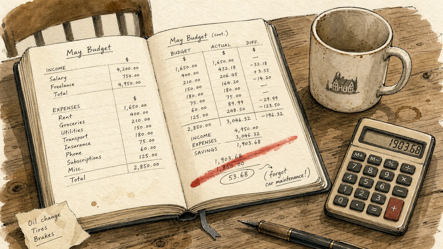 An ink and watercolor illustration of an open paper budget ledger with a coffee mug, highlighting the challenge of tracking hidden costs.