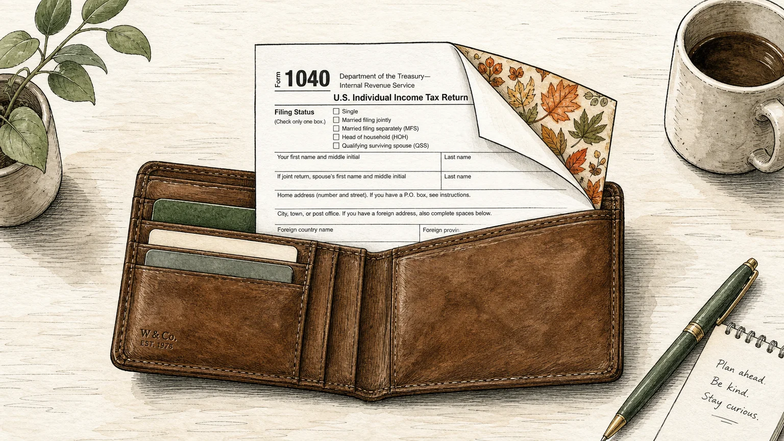 An ink and watercolor illustration of an open wallet with a tax document showing a decorative leaf pattern, representing tax deductions.