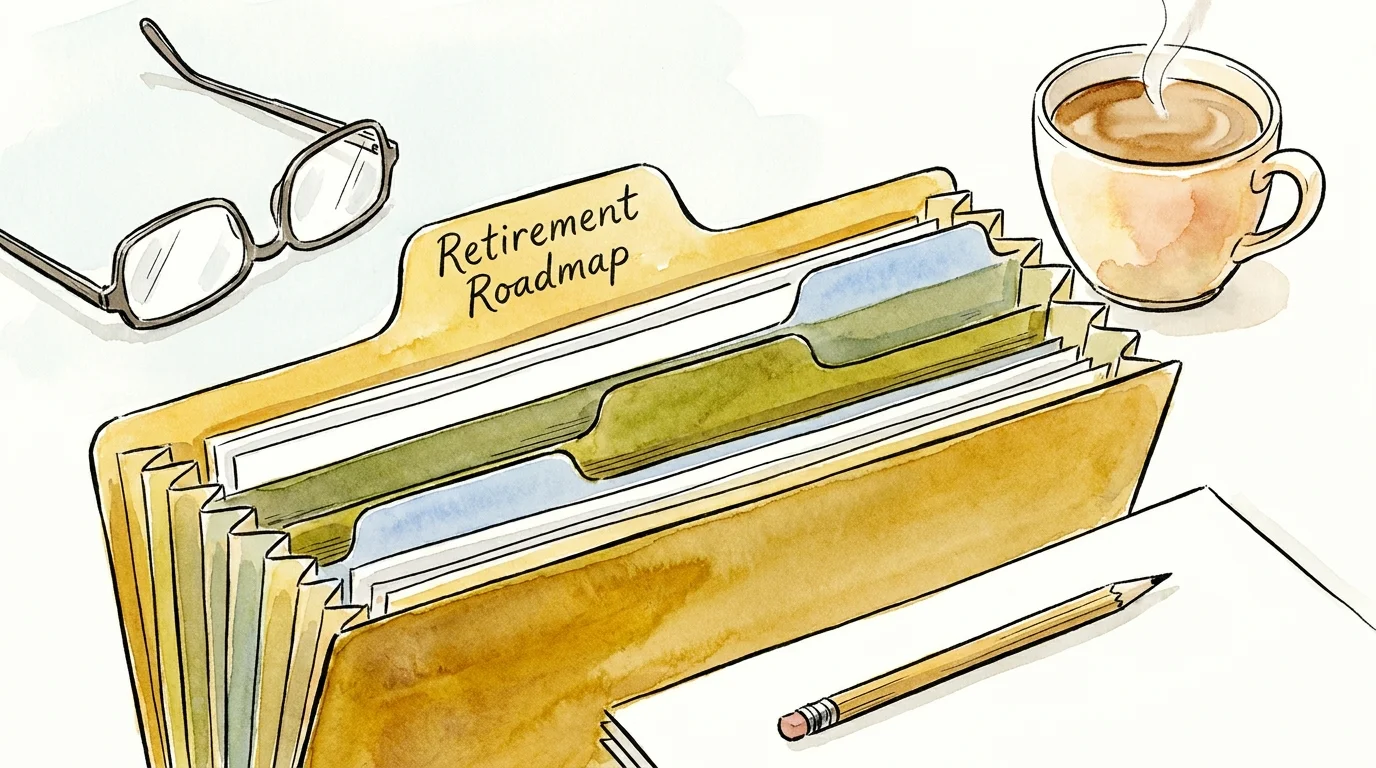 An ink and watercolor illustration of an organized folder labeled 'Retirement Roadmap' on a clean desk with glasses and a pencil.