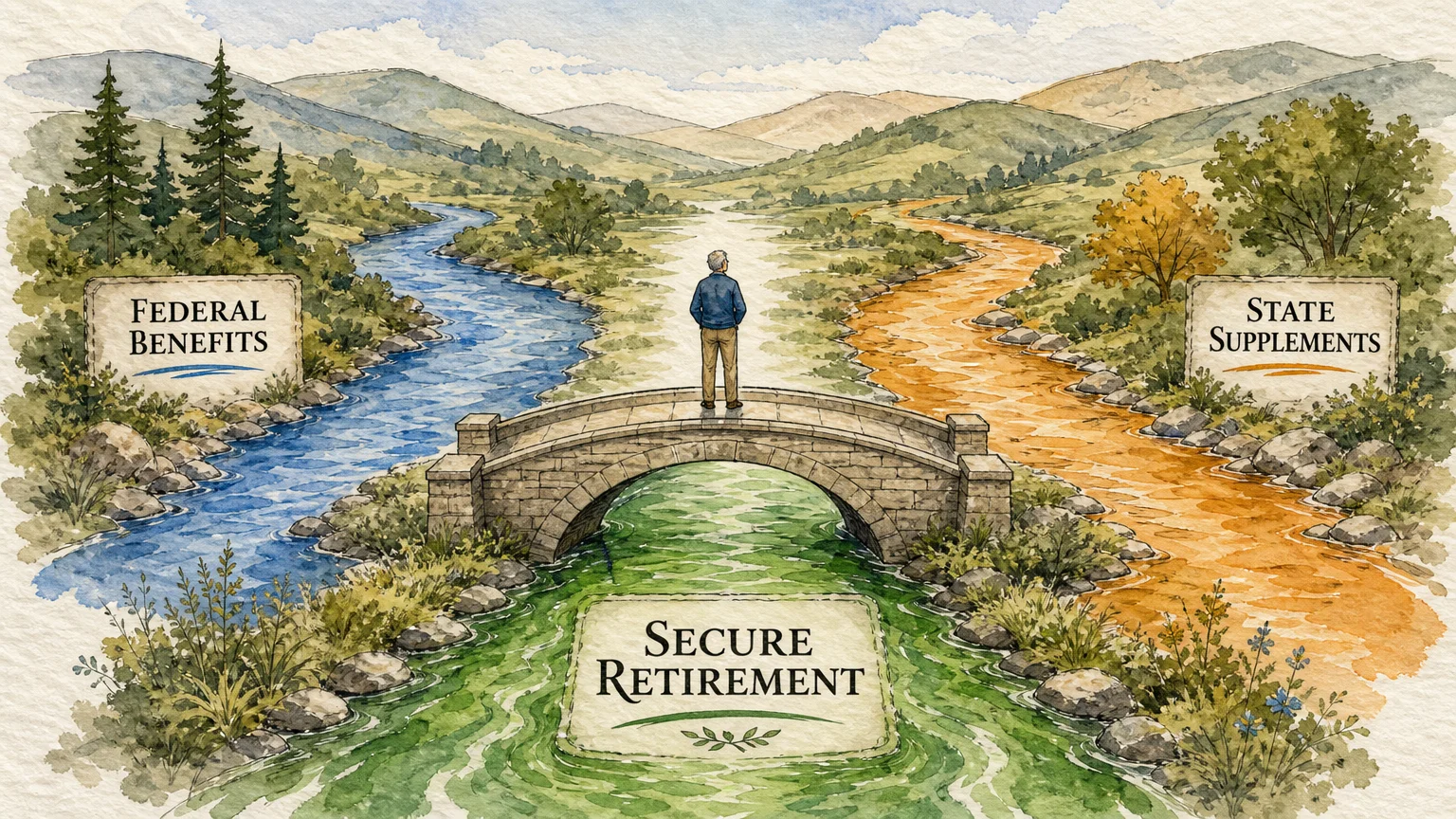 An ink and watercolor illustration of two streams representing federal and state benefits merging into a single secure retirement path.
