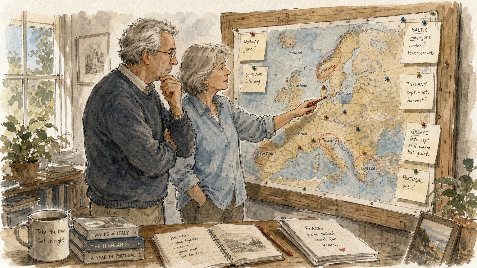 An ink and watercolor sketch of an older couple studying a marked-up map on a wall in a sunlit room.