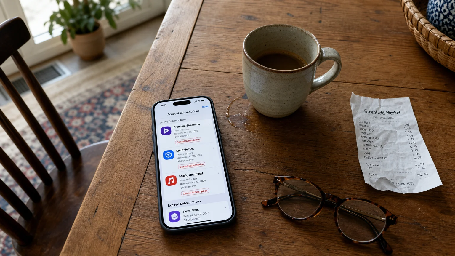 An iPhone on a wooden kitchen table displaying a subscription cancellation screen next to a coffee mug and reading glasses.