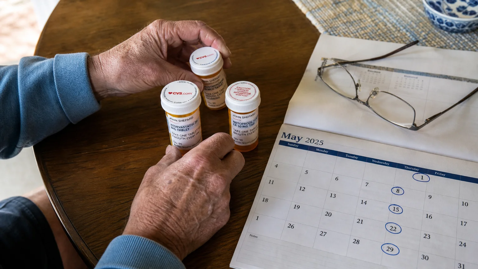 An older adult's hands organizing prescription bottles on a table with a marked paper calendar, in a natural snapshot style.
