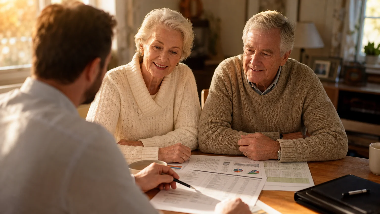 An older couple consulting with a financial planner over documents in a sunlit home dining room.