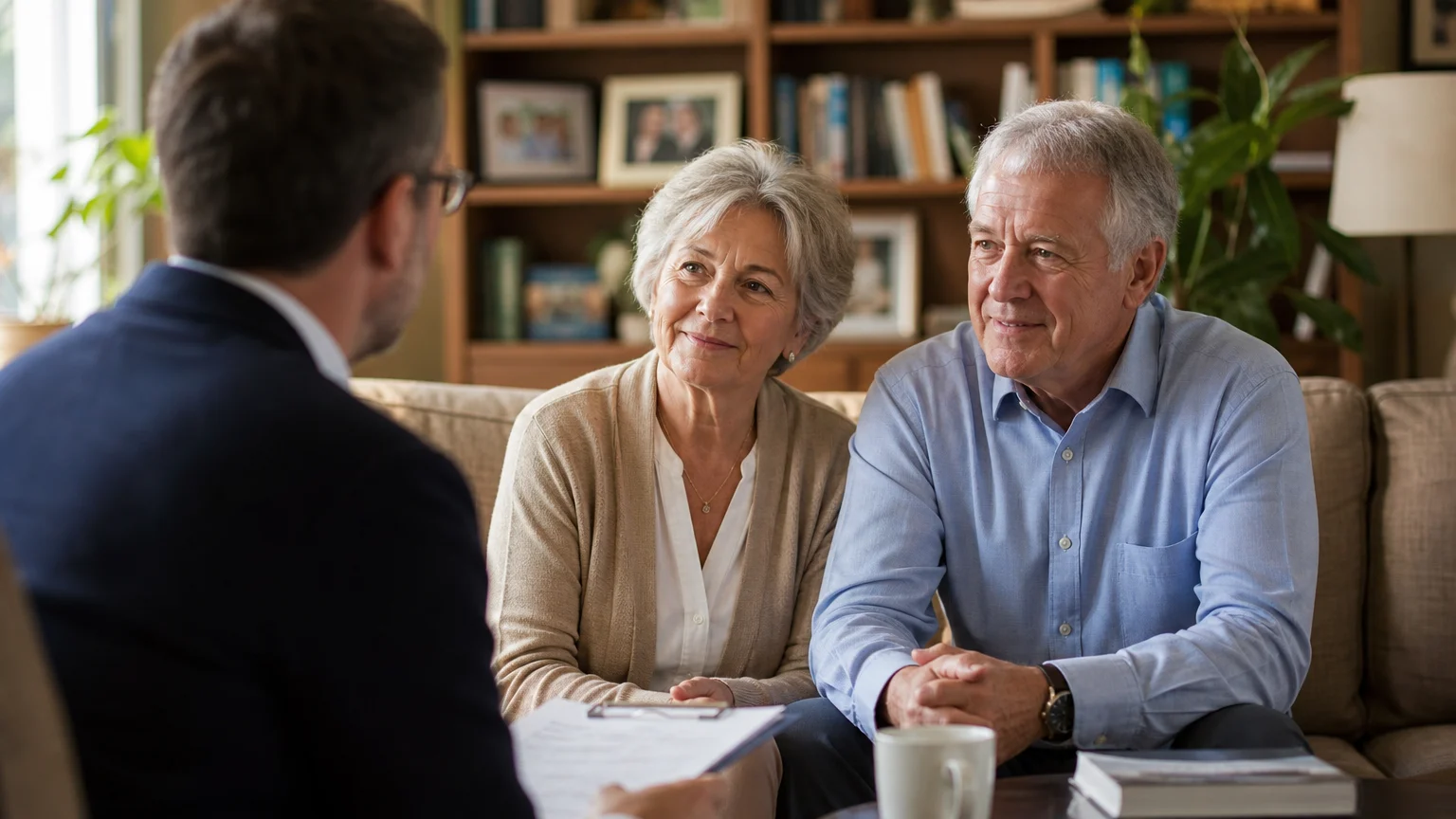 An older couple in a comfortable living room talking warmly with a financial professional.