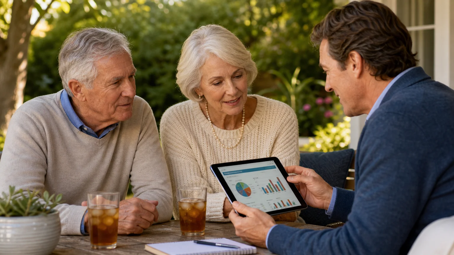 An older couple in casual clothes having a relaxed meeting with a financial advisor on a sunlit garden patio.