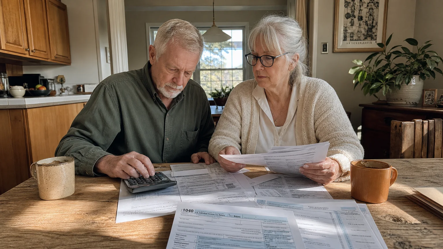 An older couple reviewing tax documents at their kitchen table in warm afternoon light.