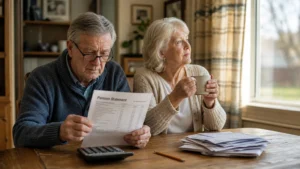 An older couple sitting at a wooden table reviewing financial papers in a warm, sunlit room.
