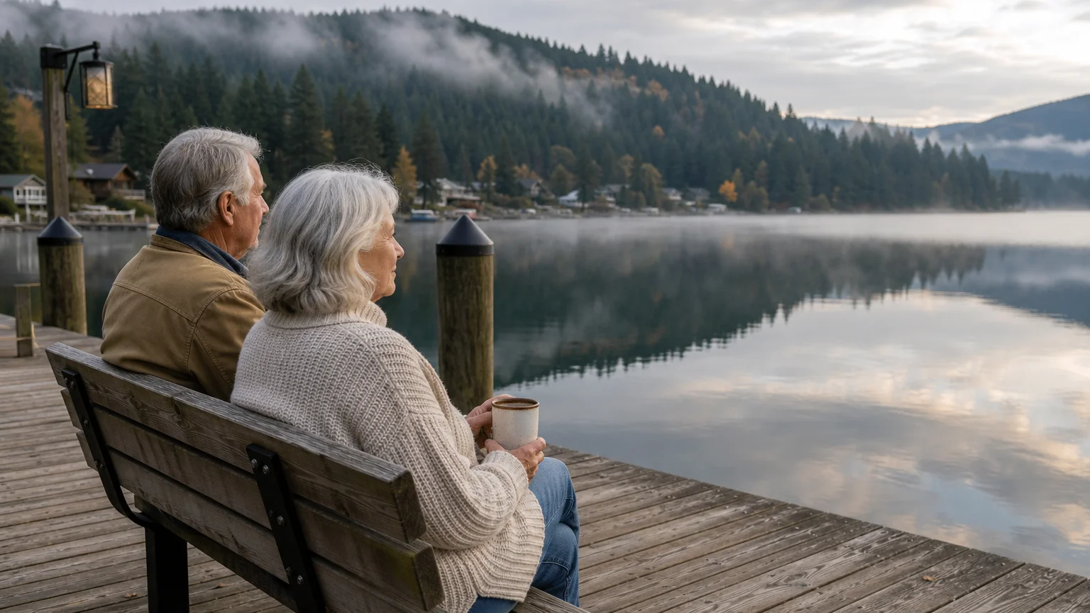 An older couple sitting on a lakeside dock in Coeur d'Alene, Idaho, enjoying a quiet autumn morning.