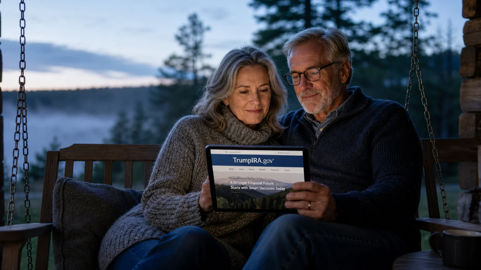 An older couple sitting on a porch swing together, looking at the TrumpIRA.gov website on a tablet.
