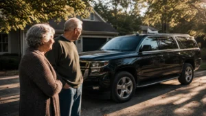 An older couple stands in their suburban driveway, thoughtfully looking at their oversized family SUV.