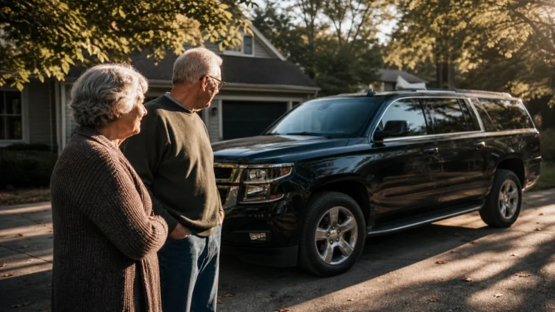 An older couple stands in their suburban driveway, thoughtfully looking at their oversized family SUV.