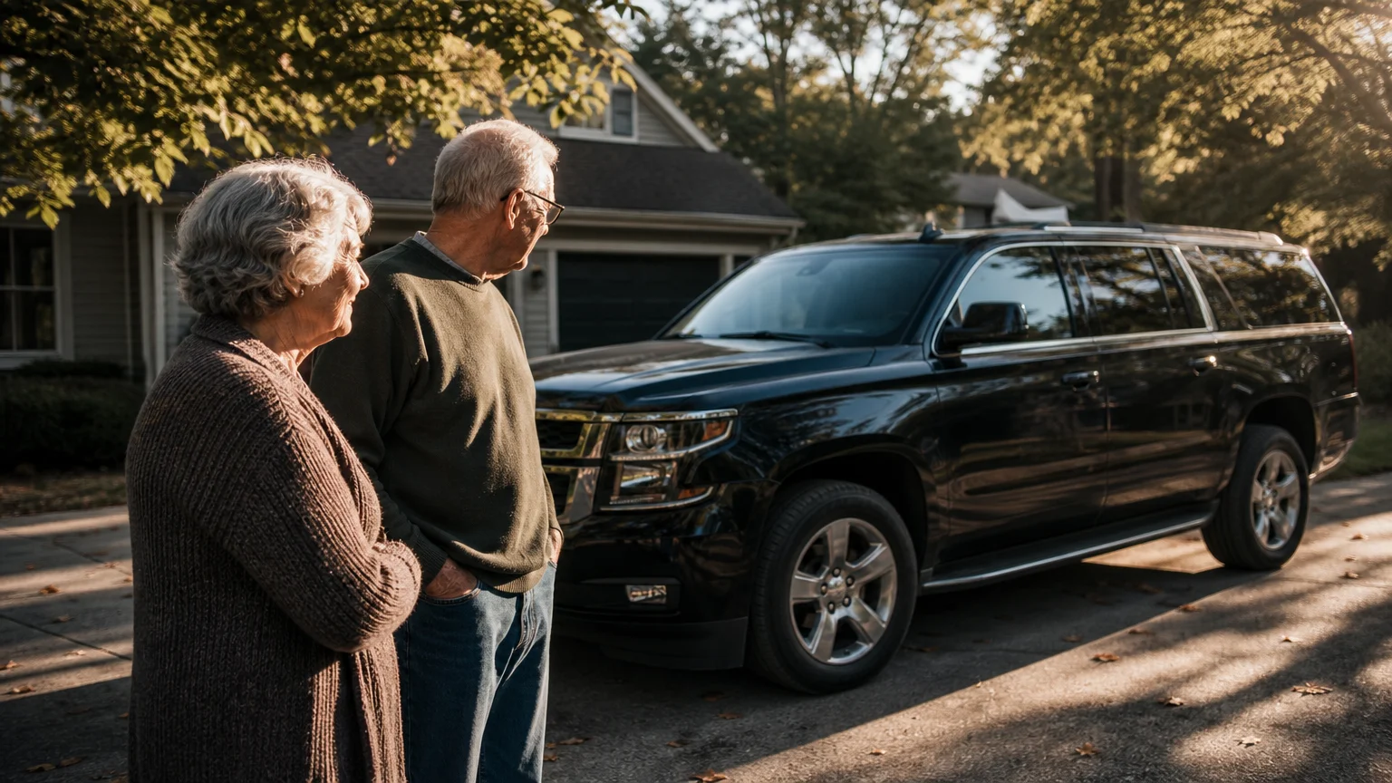 An older couple stands in their suburban driveway, thoughtfully looking at their oversized family SUV.